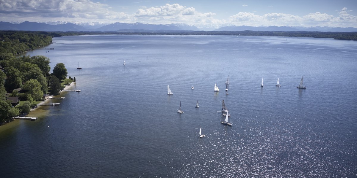 Zahlreiche Segelboote tummeln sich auf dem glitzernden Starnberger See. Das Ostufer bei Ambach mit einigen Stegen ist zu sehen. Im Hintergrund zeigt sich die prächtige Bergkulisse der Alpen., © Foto: Jan Greune Zahlreiche Segelboote tummeln sich auf dem glitzernden Starnberger See. Das Ostufer bei Ambach mit einigen Stegen ist zu sehen. Im Hintergrund zeigt sich die prächtige Bergkulisse der Alpen., © Foto: Jan Greune