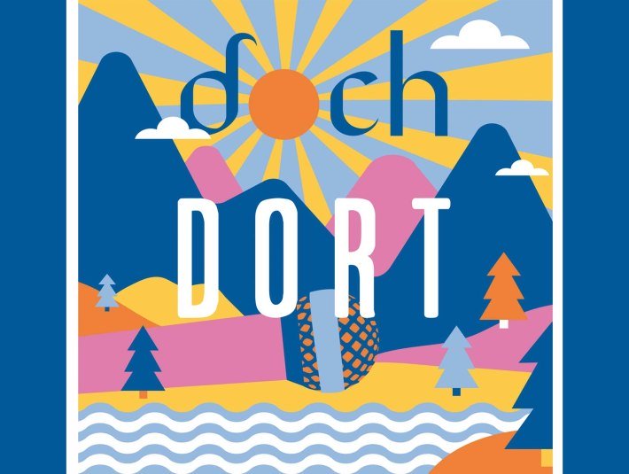 Das Logo des Podcasts &quot;Dochdort&quot; zeigt in poppigen Farben eine von der Sonne beschienene gezeichnete Berglandschaft mit einem pink -orange-hellblauen Mikrophon., © doch dort