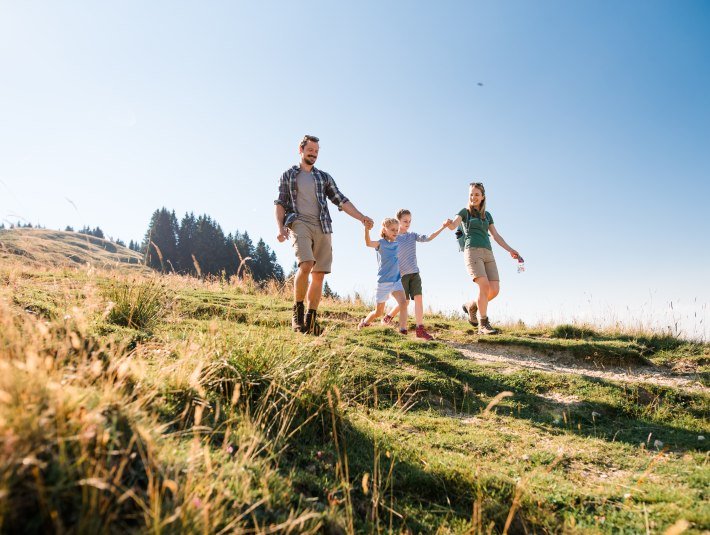 Eine vierköpfige Familie wandert Hand in Hand auf dem Wanderweg einer Almwiese, © Tölzer Land Tourismus Foto: Leonie Lorenz
