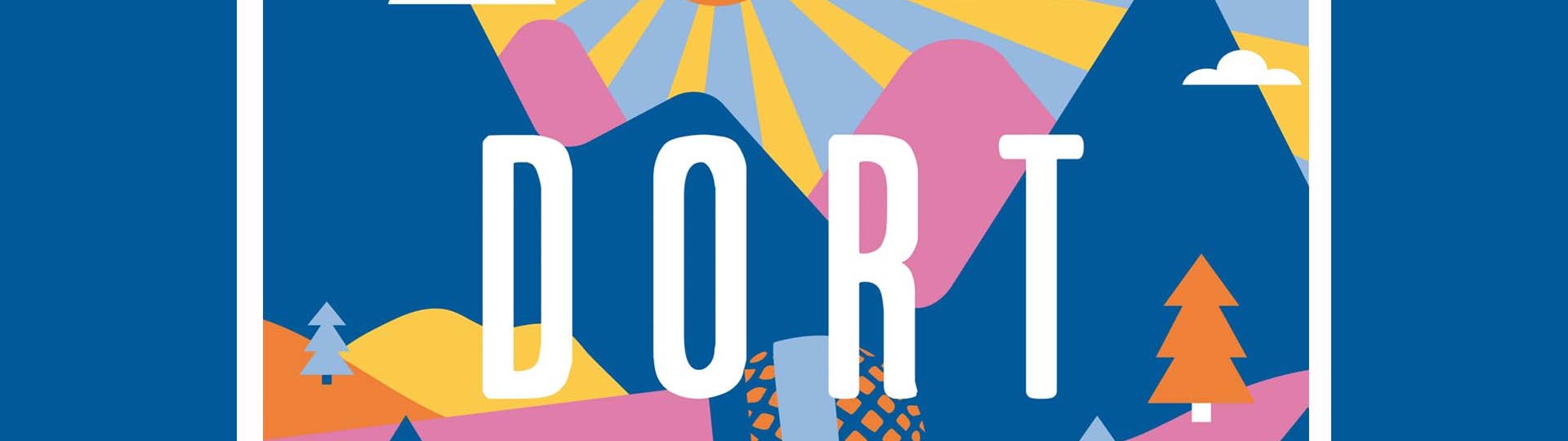 Das Logo des Podcasts &quot;Dochdort&quot; zeigt in poppigen Farben eine von der Sonne beschienene gezeichnete Berglandschaft mit einem pink -orange-hellblauen Mikrophon., © doch dort