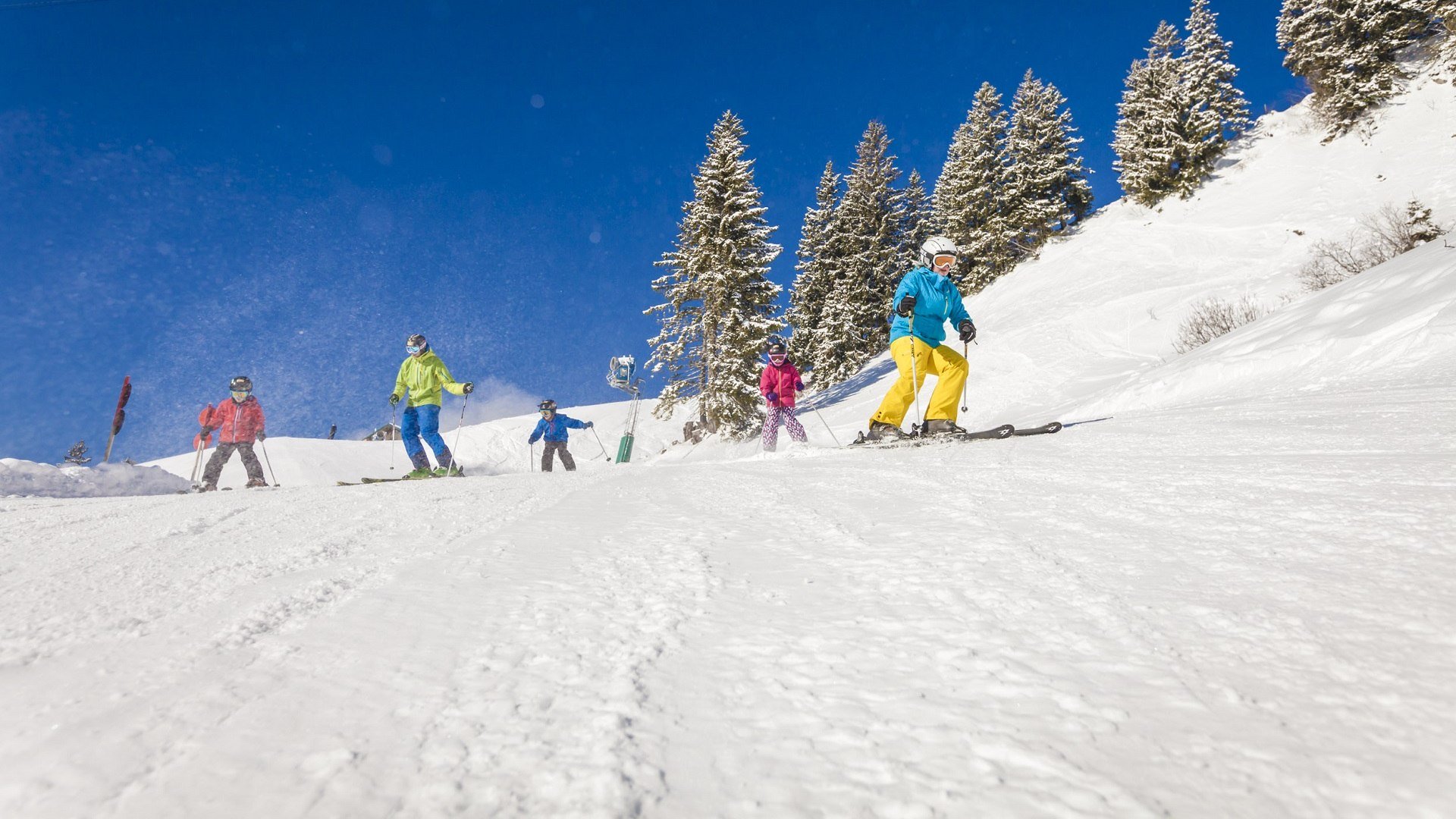 Sechs Skifahrer in bunter Kleidung fahren bei strahlend blauem Himmel und verschneiter Berglandschaft des Lenggrieser Braunecks eine Piste hinab, umgeben von Tannenb&auml;umen., &copy; Tourismus Lenggries, Adrian Greiter