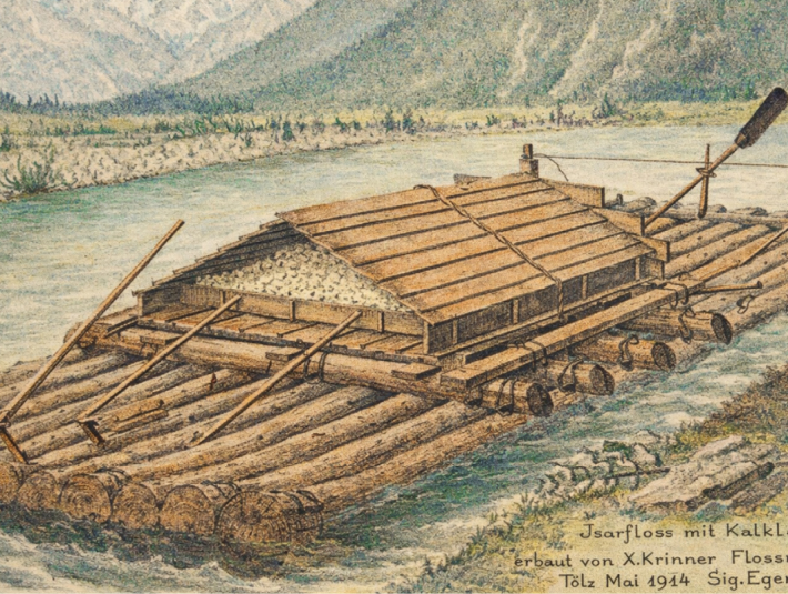 Das Bild zeigt ein Aquarell eines Isarfloss' mit Kalkladung, &copy; Archiv Fl&ouml;&szlig;erstra&szlig;e e.V.