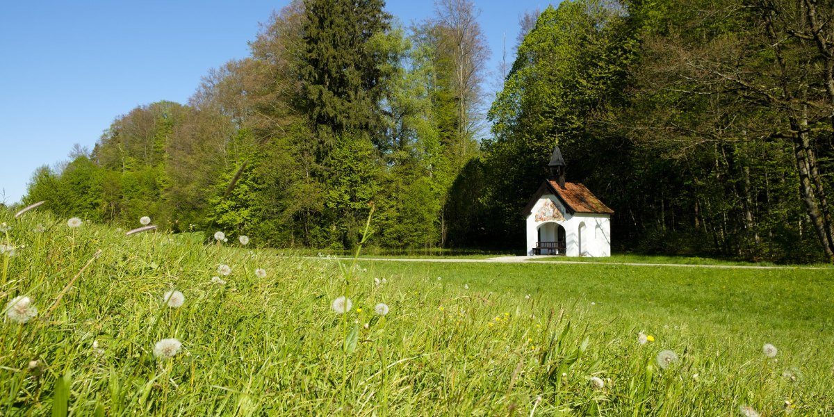 Eine kleine wei&szlig;e Kapelle mit rotem Dach, im Hintergrund dichter Wald und klarer blauer Himmel, davor leuchten in der gr&uuml;nen Wiese viele L&ouml;wenzahn-Pusteblumen., &copy; Lisa Bahnm&uuml;ller