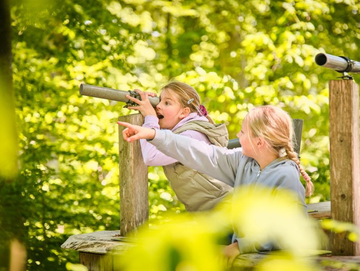 Zwei Kinder sitzen auf einer Bank im Wolfratshauser Berg-Wald und schauen durch Teleskope, eines zeigt nach links, das andere nach oben, um die Natur zu beobachten., &copy; Stadt Wolfratshausen